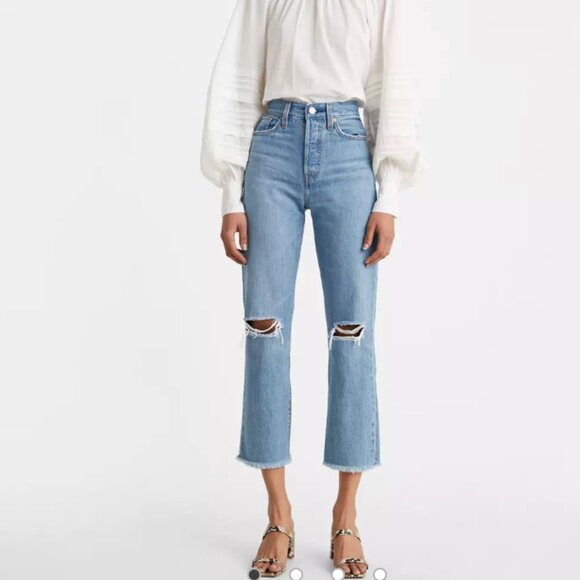 Levi's Wedgie Straight Crop Jeans Premium Distressed Button Fly, Raw Hem Denim - Picture 1 of 6